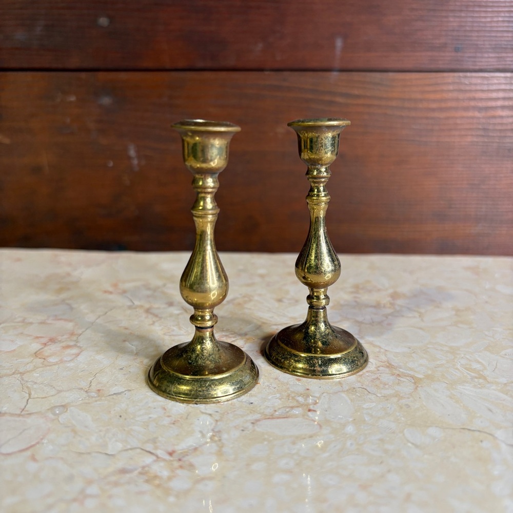 Two Vintage Miniature Brass Candlesticks Religious Doll House Turned Shape
